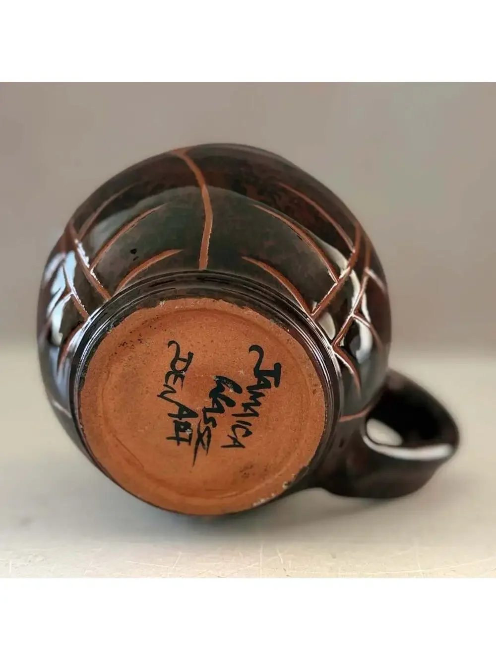 Wassi Art Jamaican Pottery Mug Pair | Hand Carved Leaf Redware Coffee Cups